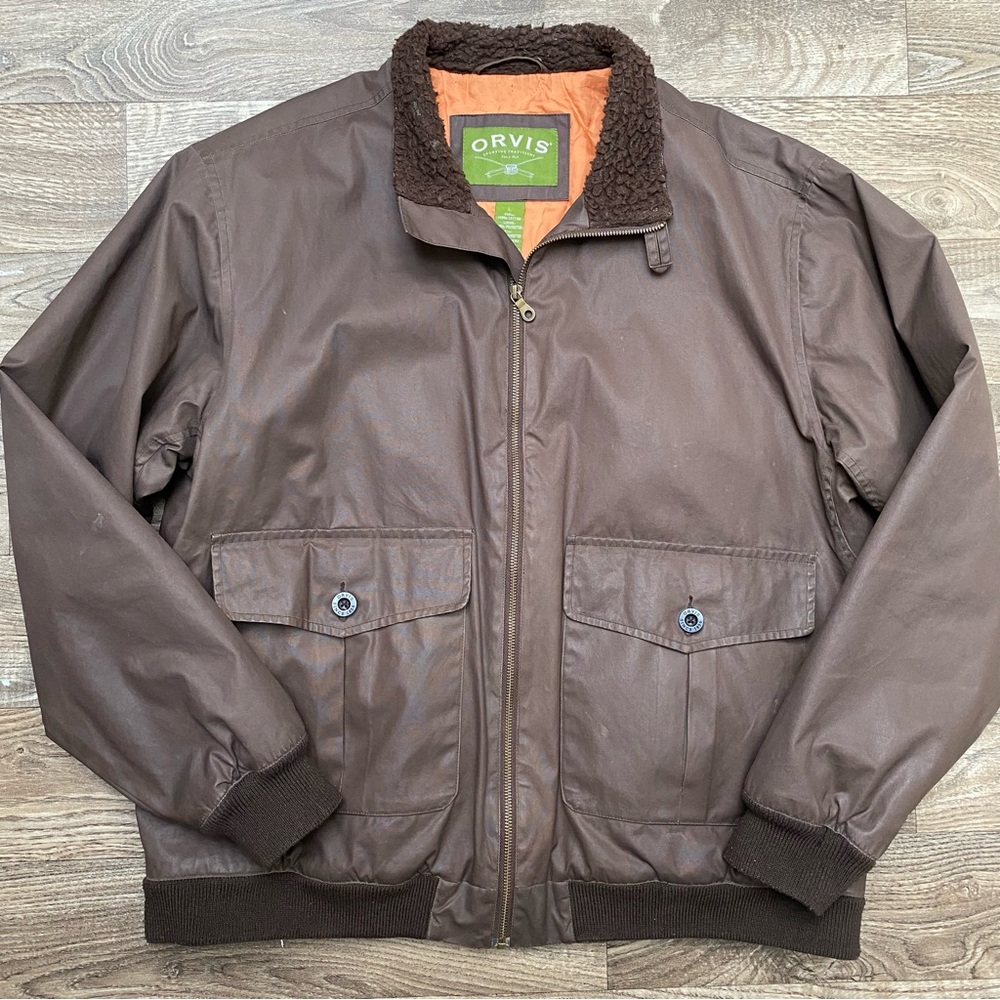 Orvis Waxed Cotton Fleece Collar Brown Bomber Large - Picture 14 of 16
